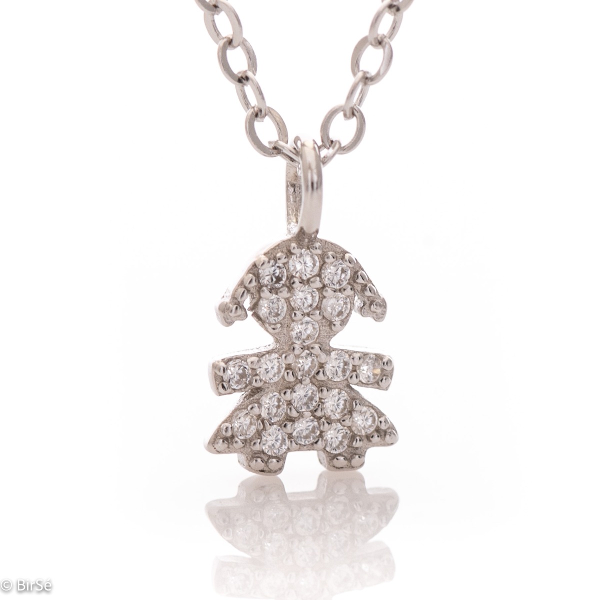 A charming delicate necklace in fine silver with a design of a little girl, studded with countless glittering zircons. The necklace is a suitable gift for a young girl or a mother of a newborn baby girl.