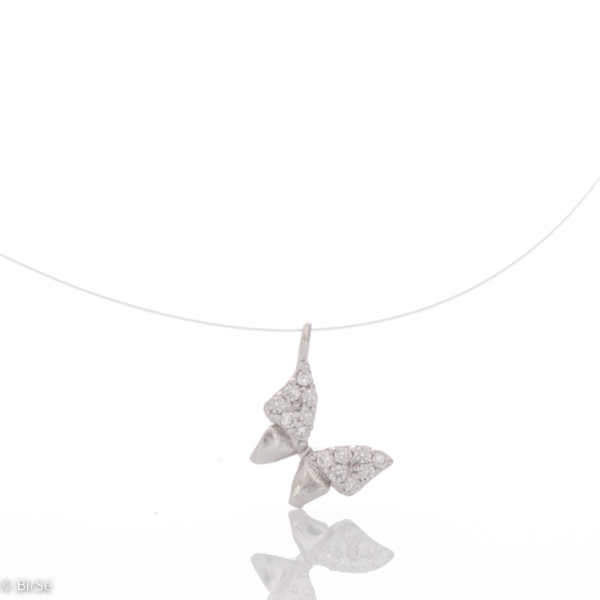 A charming necklace model, an offer from the new BirSe collection. The butterfly pendant is crafted from rhodium-plated silver, with delicate wings made of sparkling zircons. The chain has been replaced with a fine cord.