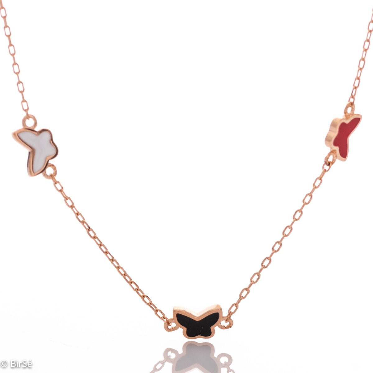 Guaranteed summer mood with the charming women's necklace of fine rose silver, beautiful butterflies and colorful enamel. This is what BirSe offers you in its new silver collection.