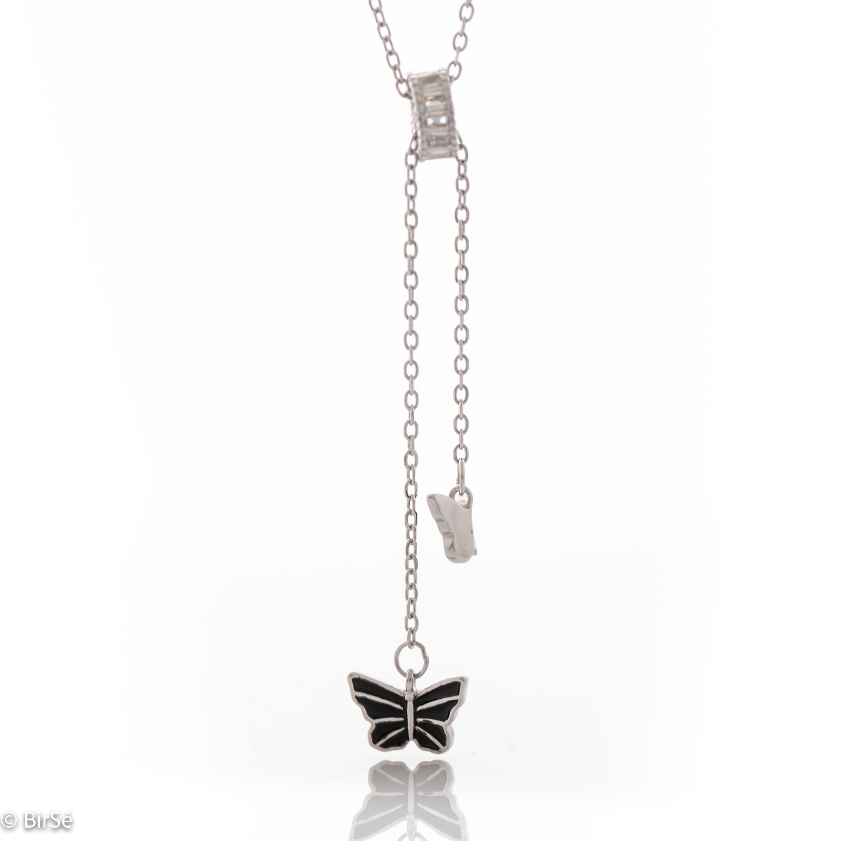 An exquisite women's necklace with precise craftsmanship and stylish design, combining rhodium-plated silver and a ring with sparkling fine zircons. Two delicate black enamel butterflies are mounted on a fine chain, threading through the ring and adding e