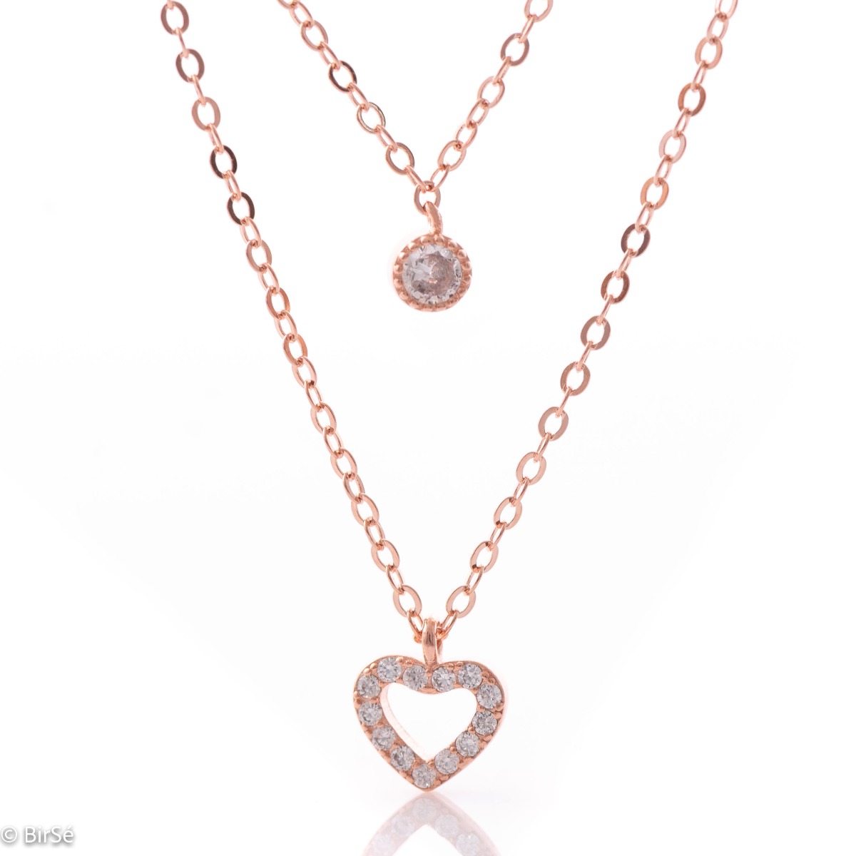 Elegant women's two-level necklace in soft pink silver with beautifully arranged heart pendants and sparkling zircon. Modern and popular model, suitable for everyday life or for more special moments.