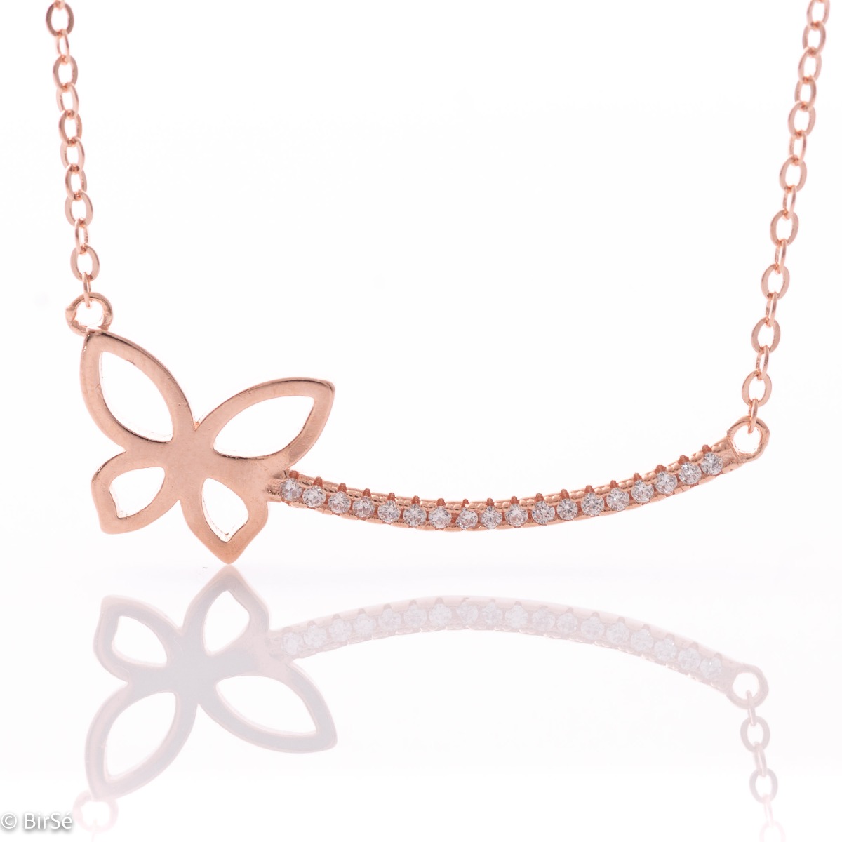 A charming necklace in rhodium-plated rose silver with a row of dazzling zircons and a light-winged butterfly perched on them.