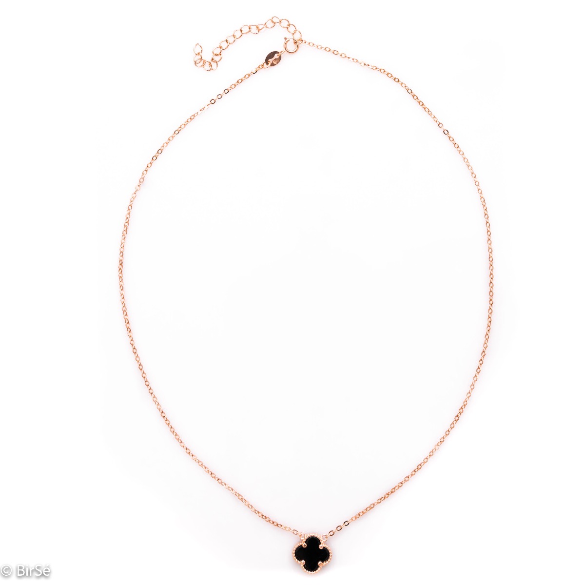 A spectacular necklace in soft rhodium-plated rose silver with a beautifully shaped clover and an enchanted onyx stone. Suitable jewelry for every day.