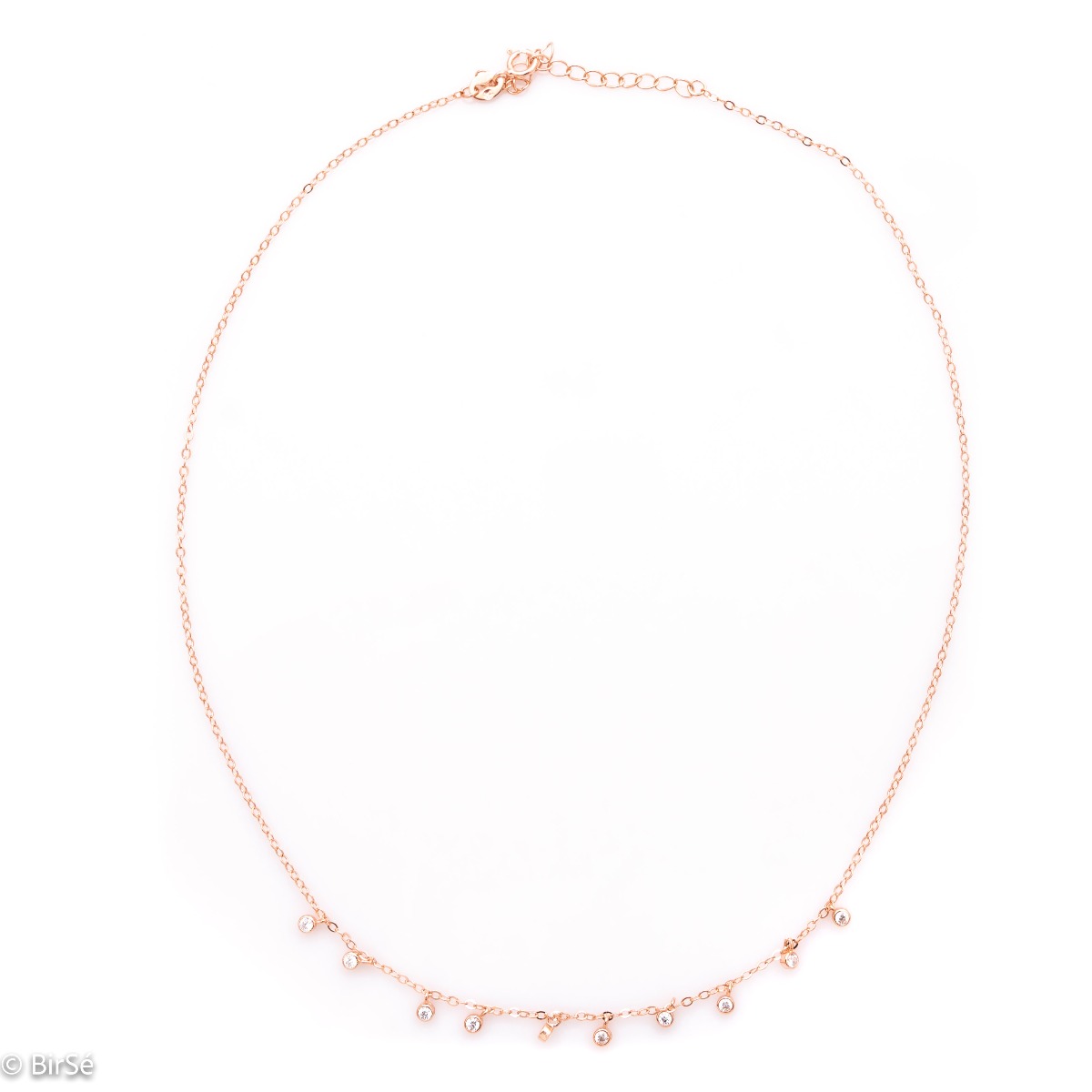 Stylish women's necklace in fine rose silver with pendants of sparkling zircons. The model is suitable for both formal events in your life and everyday life.