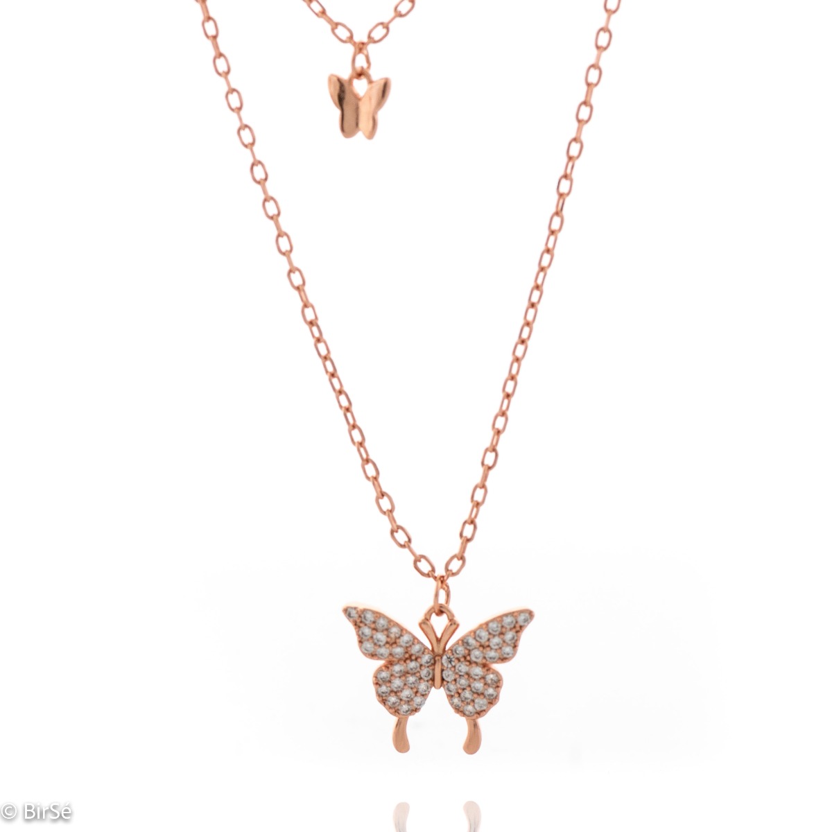 Tempting creation of women's necklace in fine rose silver with delicate butterflies and countless glittering zircons. The dainty butterflies are set on two rows of rose silver chains, and the extra extension allows the length to be adjusted.