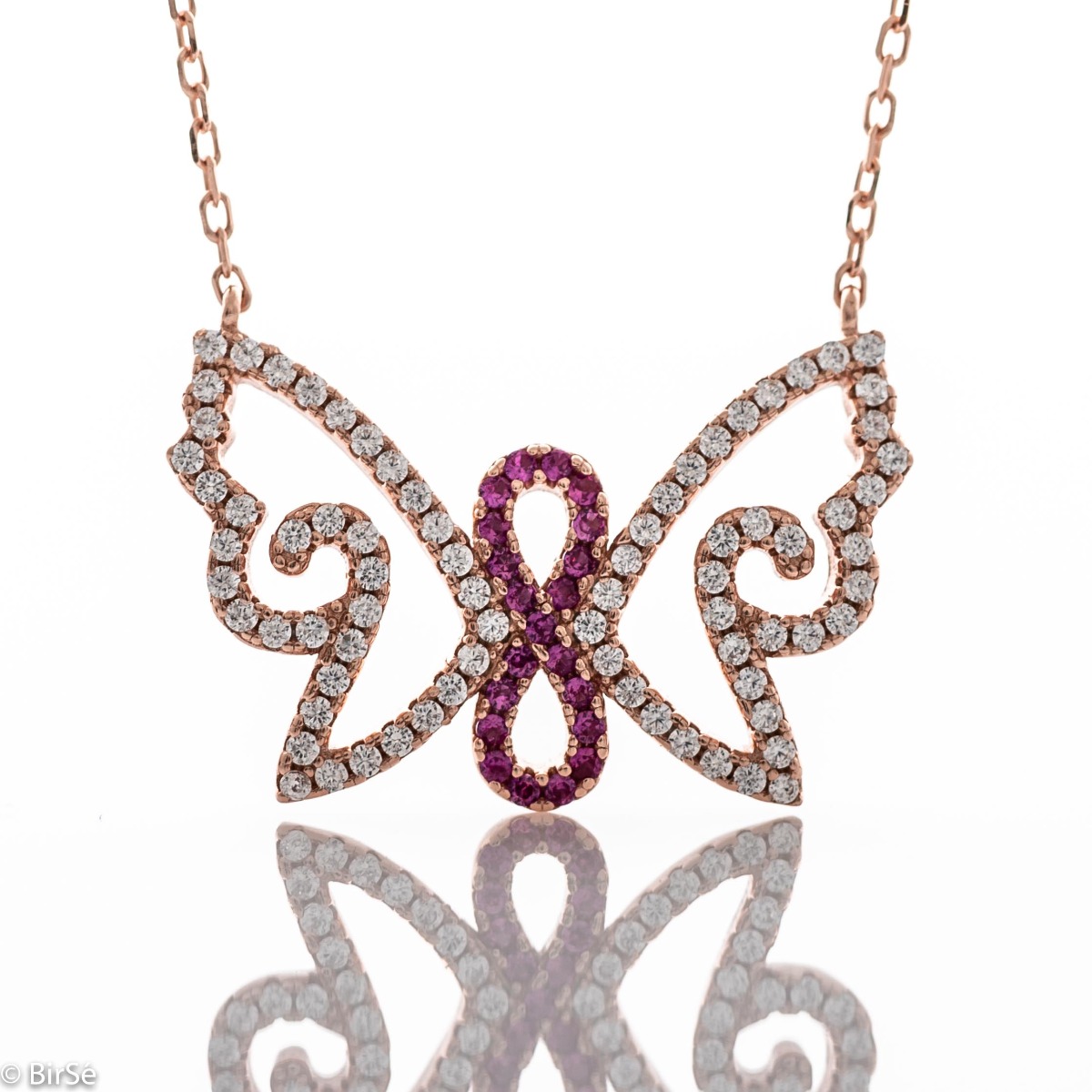 Delicate women's necklace with precision craftsmanship entirely in rhodium-plated rose silver, complemented by sparkling zircons in the form of an exquisite butterfly, intertwined with the infinity sign.