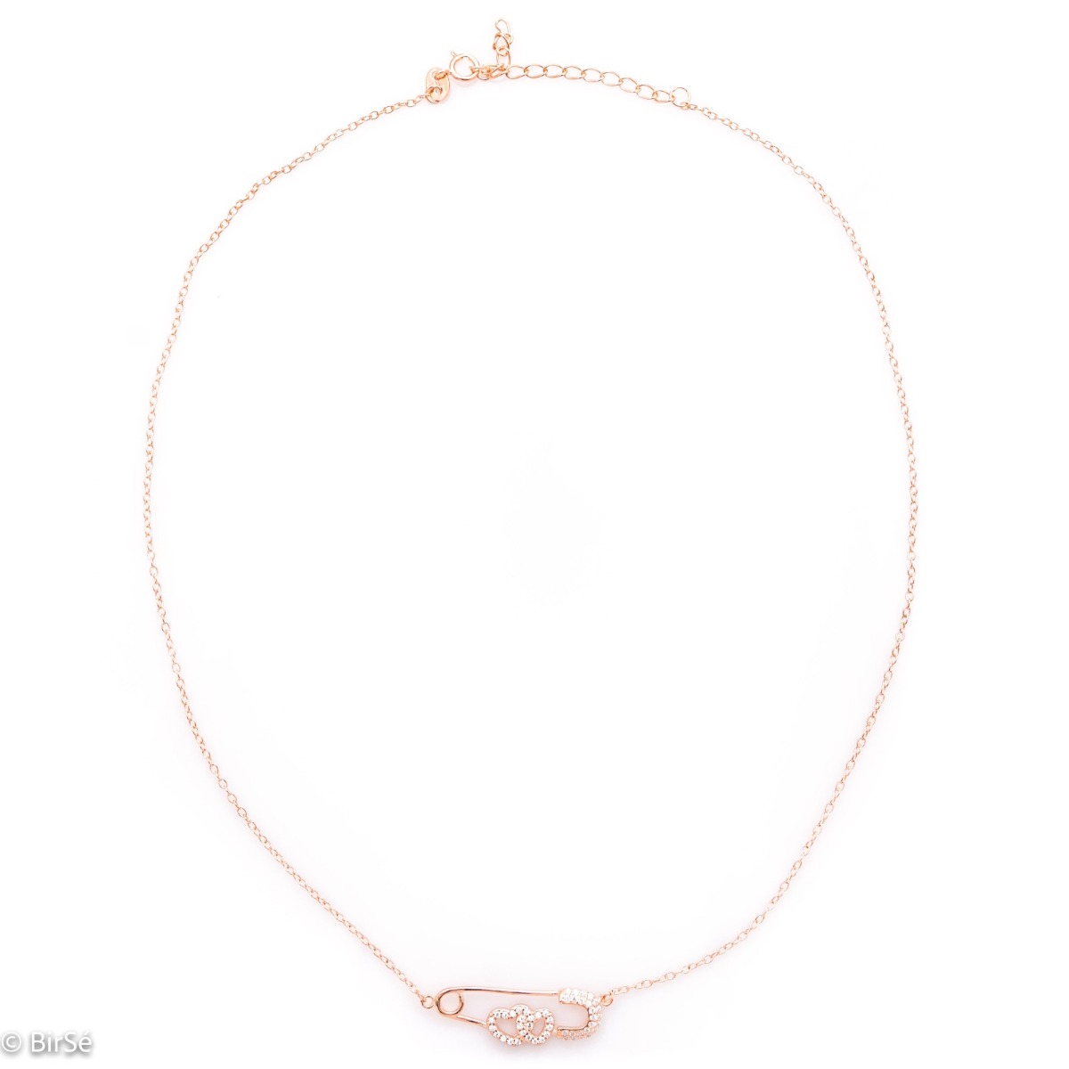 Extravagant women's necklace in soft pink silver in the shape of a safety pin, elegantly holding two hearts in love. For the lady of your heart.