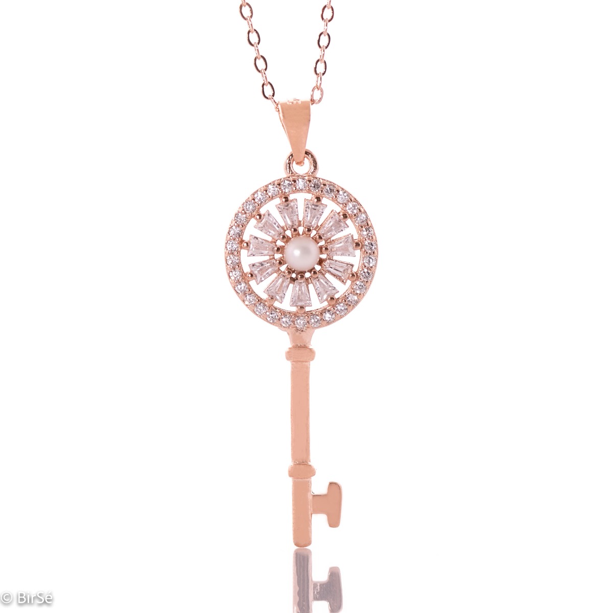 Charming beautiful women's key pendant necklace, masterfully crafted entirely in rose silver and zircons, varying in size and shape. A lovely piece of jewellery, a suitable gift for any occasion.