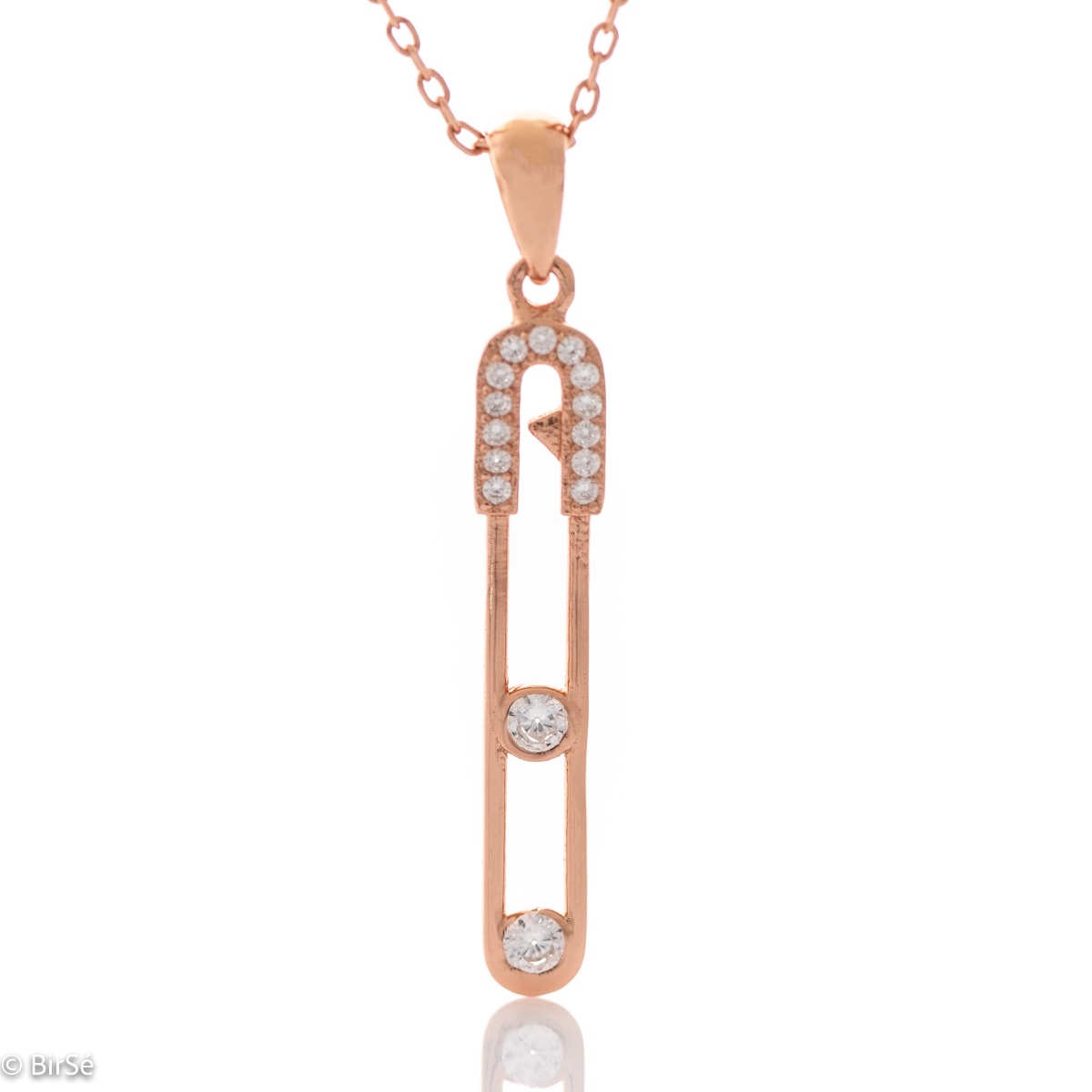 Finely crafted necklace in soft rose silver with interesting details embellished with zircons.