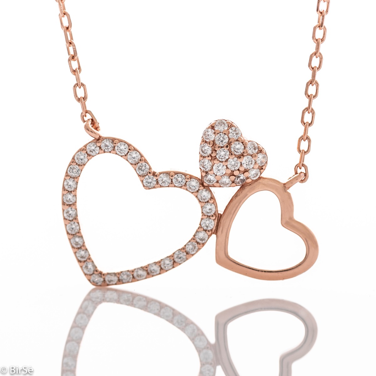 Romantic women's pink silver necklace with intertwined hearts, spectacularly decorated with zircons. Jewelry with which you can show your feelings to the woman you love.