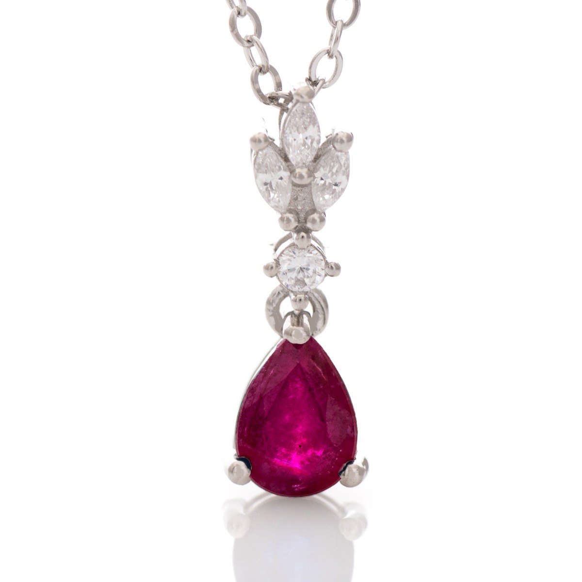 Elegant Ladies Necklace with Amazing Drop-Shaped Ruby and Tender Zircons 0,75 ct.