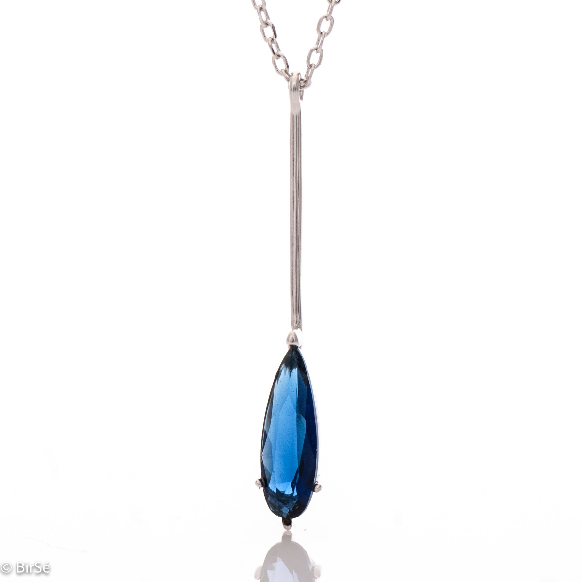 A charming delicate necklace with an elegant design, made entirely of fine rhodium silver and a beautiful blue stone. The jewelry is suitable for any occasion.