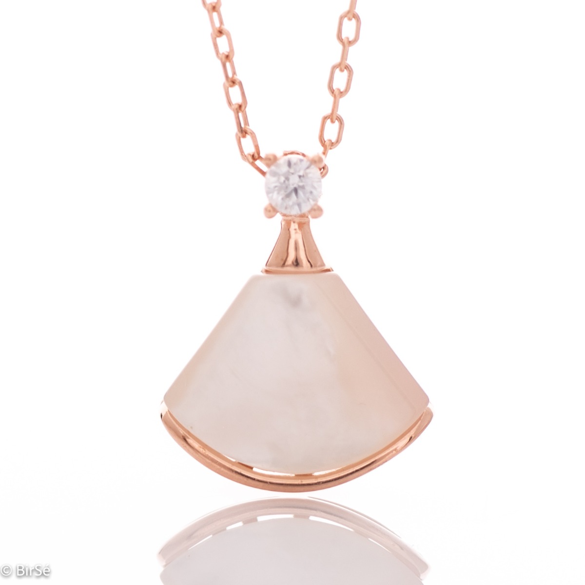 A charming delicate necklace with an elegant design, made entirely of fine rose silver and beautiful mother-of-pearl. A dainty zircon is added to complete the perfection.