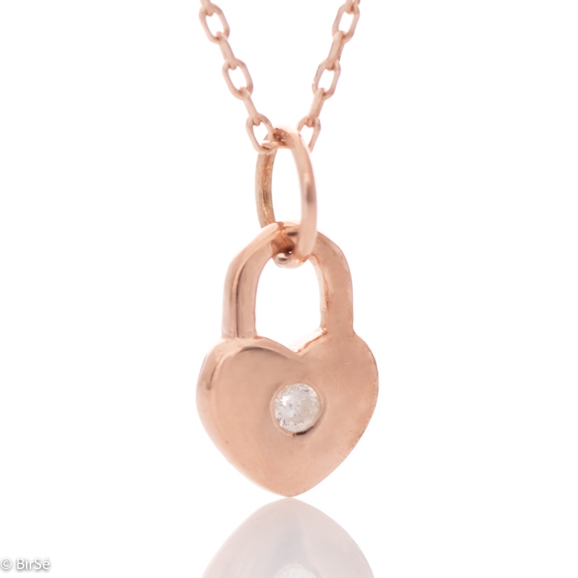 Delicate women's necklace made entirely of lovely rose silver with a padlock shape, an elegant heart-like design and a sparkling cubic zirconia for added opulence.