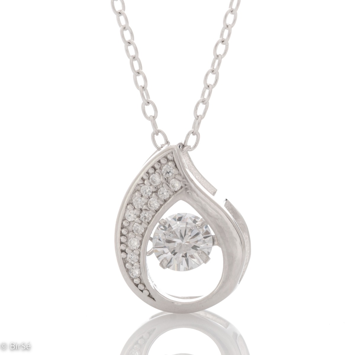 Elegant women's necklace with an exquisite design of rhodium-plated silver with a teardrop shape. The jewel is of unique craftsmanship - a delicate zircon charmingly twitching among other, smaller stones.