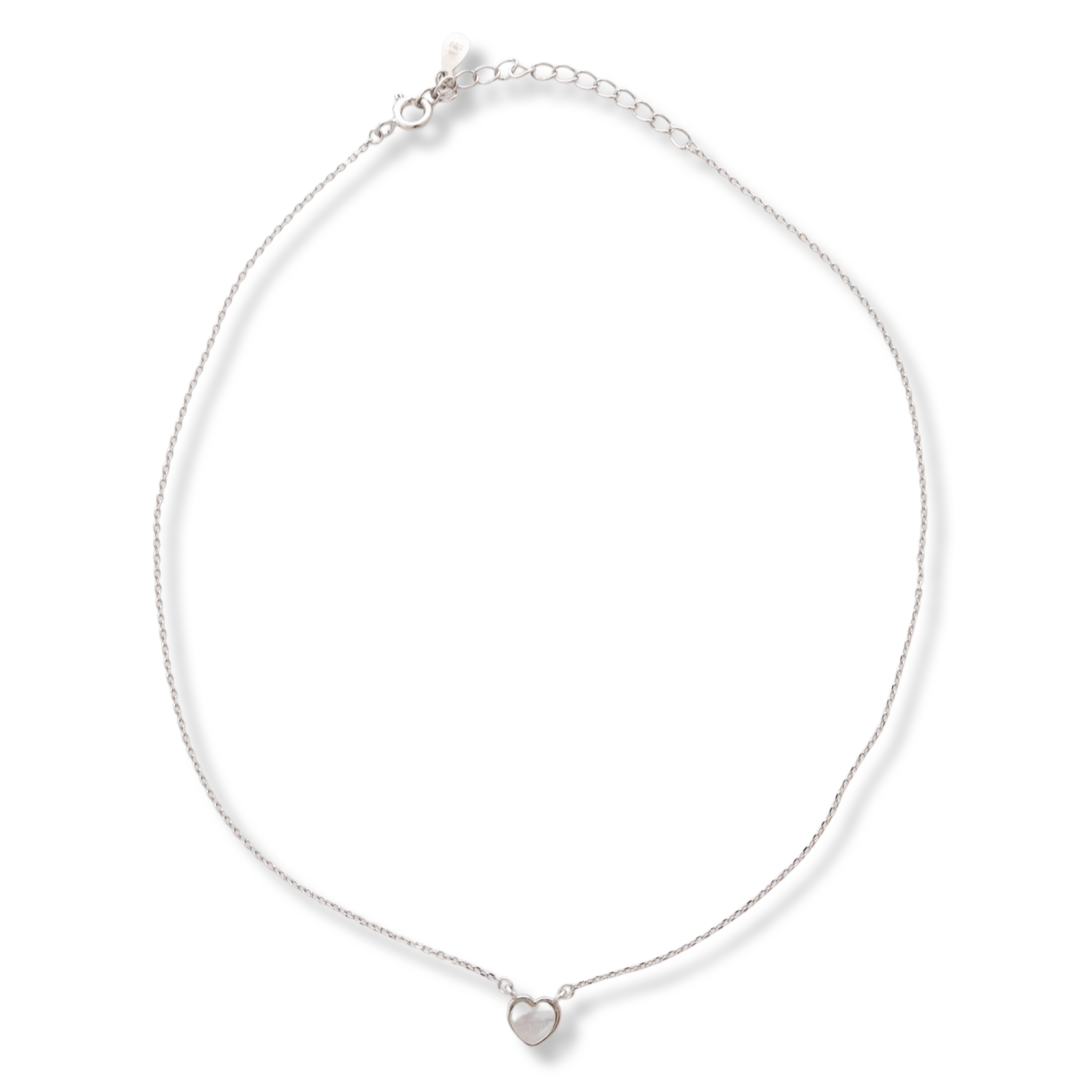 A stylish women's necklace, elegantly crafted from fine rhodium-plated silver as a fine chain holding a delicate mother-of-pearl heart. The jewelry is suitable for every lady's everyday life.