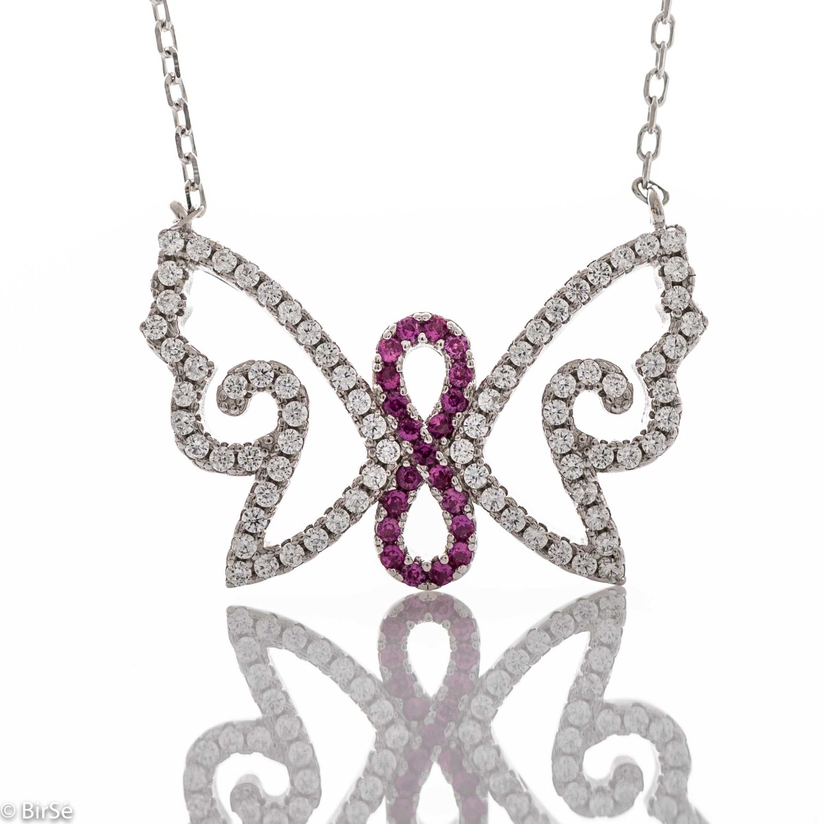 Butterfly and infinity - the necklace carries the symbolism of the endless quest for free flight and a sunny idyll. Beautifully crafted from soft rhodium silver and glittering zircons.