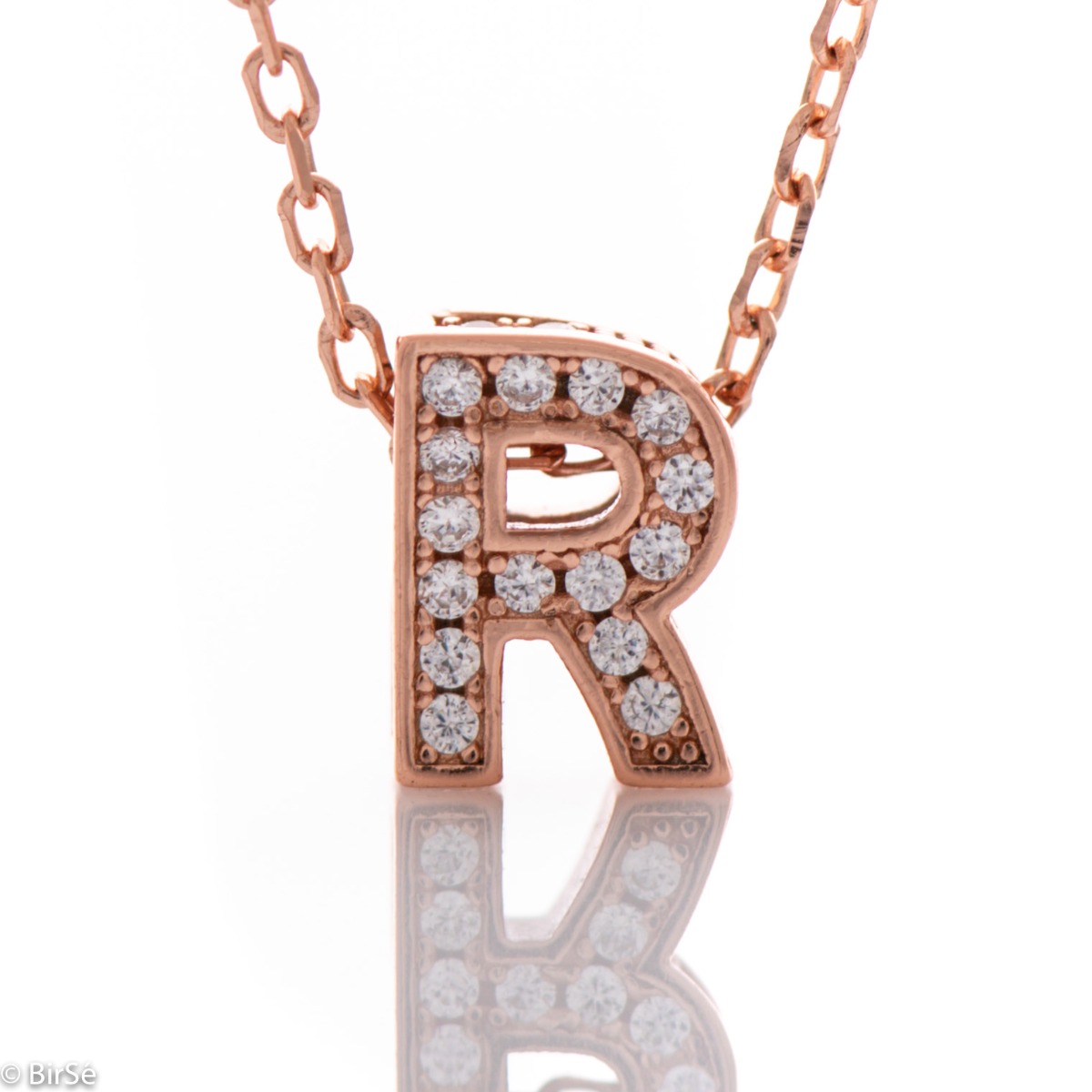 Shining Rose Gold Silver Necklace with the Letter R and Zircons