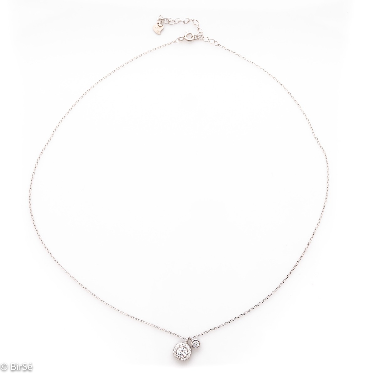 Stylish women's necklace made of shiny rhodium silver with an elegant element, exquisitely decorated with zircons.