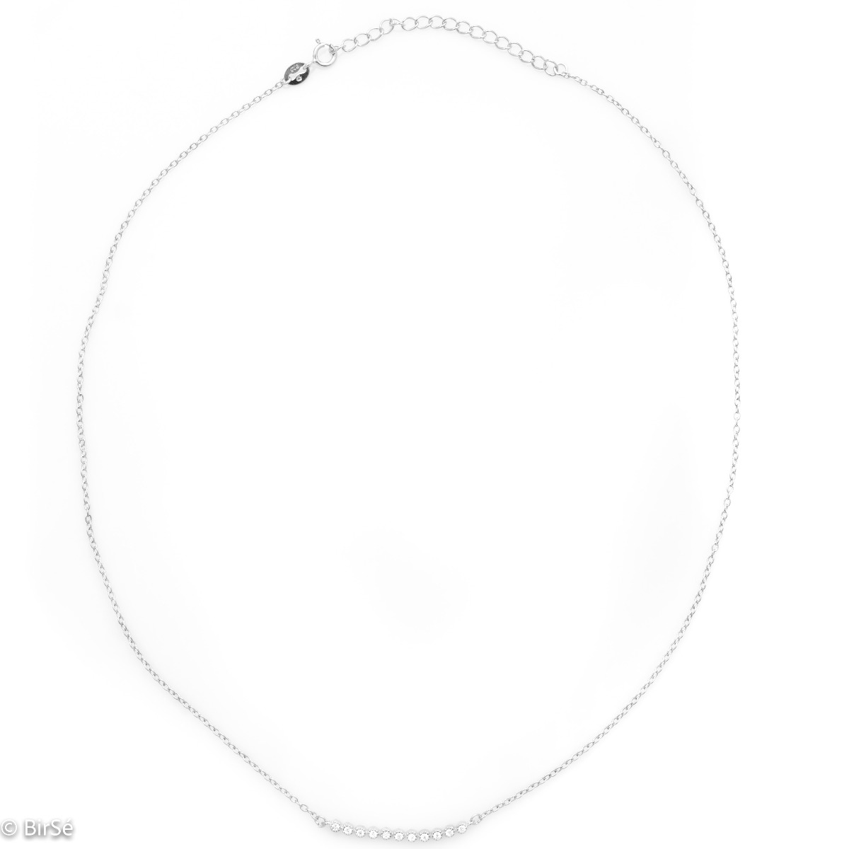 Delicate, elegant women's necklace in rhodium silver with finely crafted details and a beautifully shaped row of sparkling cubic zirconias. The jewelry is extremely simple and a suitable accessory for any outfit.