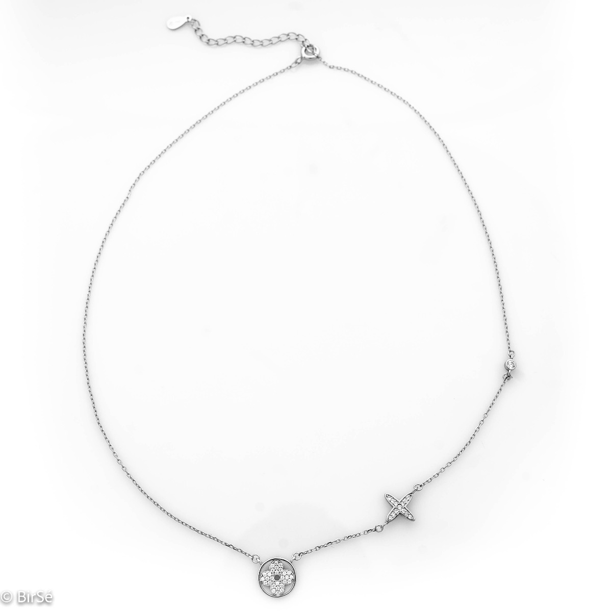 Elegant women's necklace in rhodium-plated silver with beautifully shaped floral elements, precisely decorated with eye-catching cubic zirconias asymmetrically placed on the delicate chain.