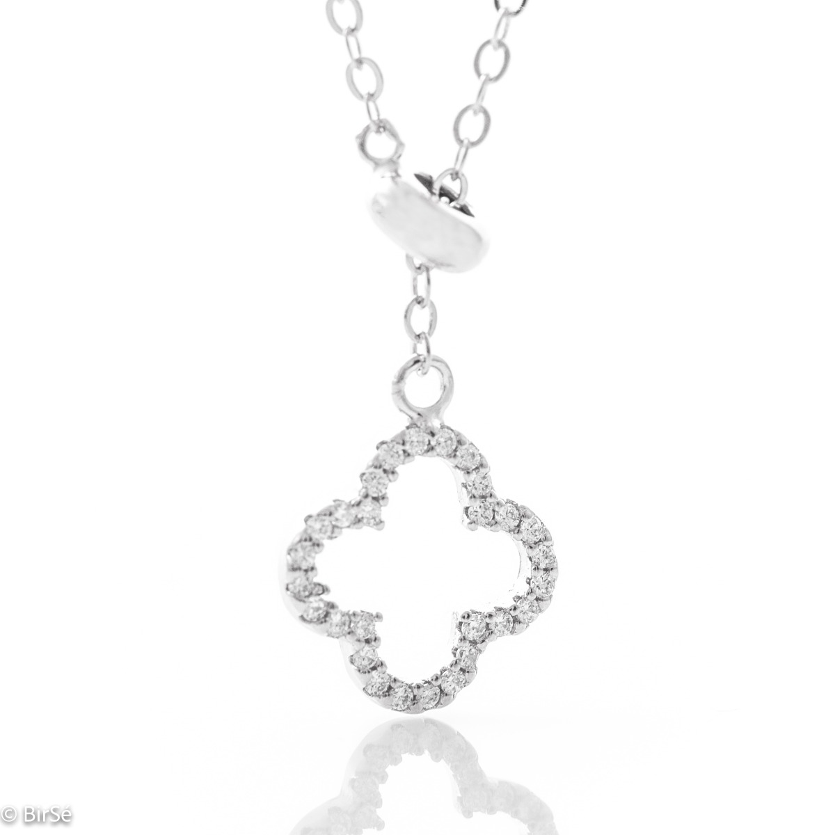 Elegant women's necklace made of rhodium silver - fully covered clover with zircons and a convenient slider on the front to adjust the length of the pendant.