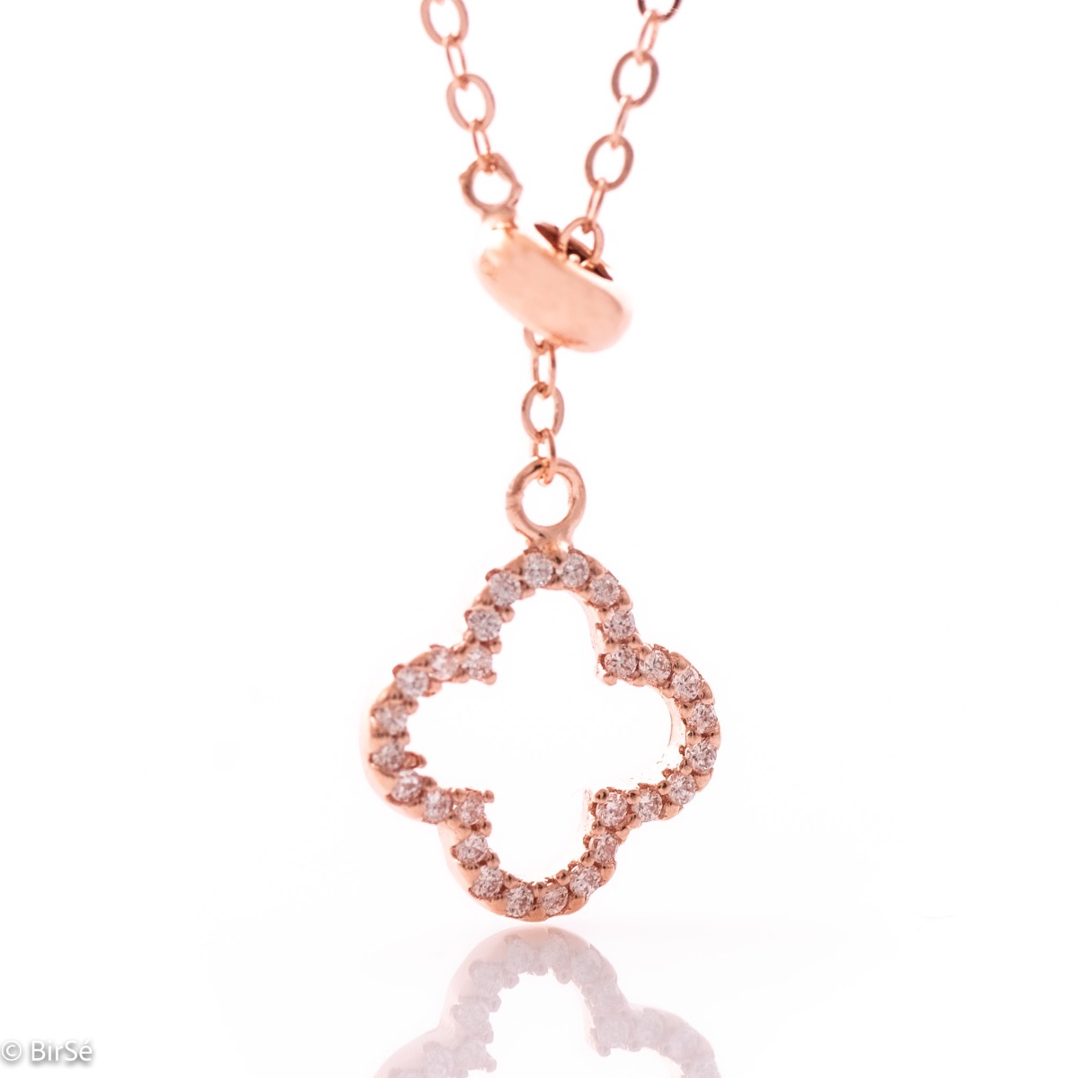 Elegant women's rose silver necklace - fully covered clover with zircons and a convenient slider on the front to adjust the length of the pendant.