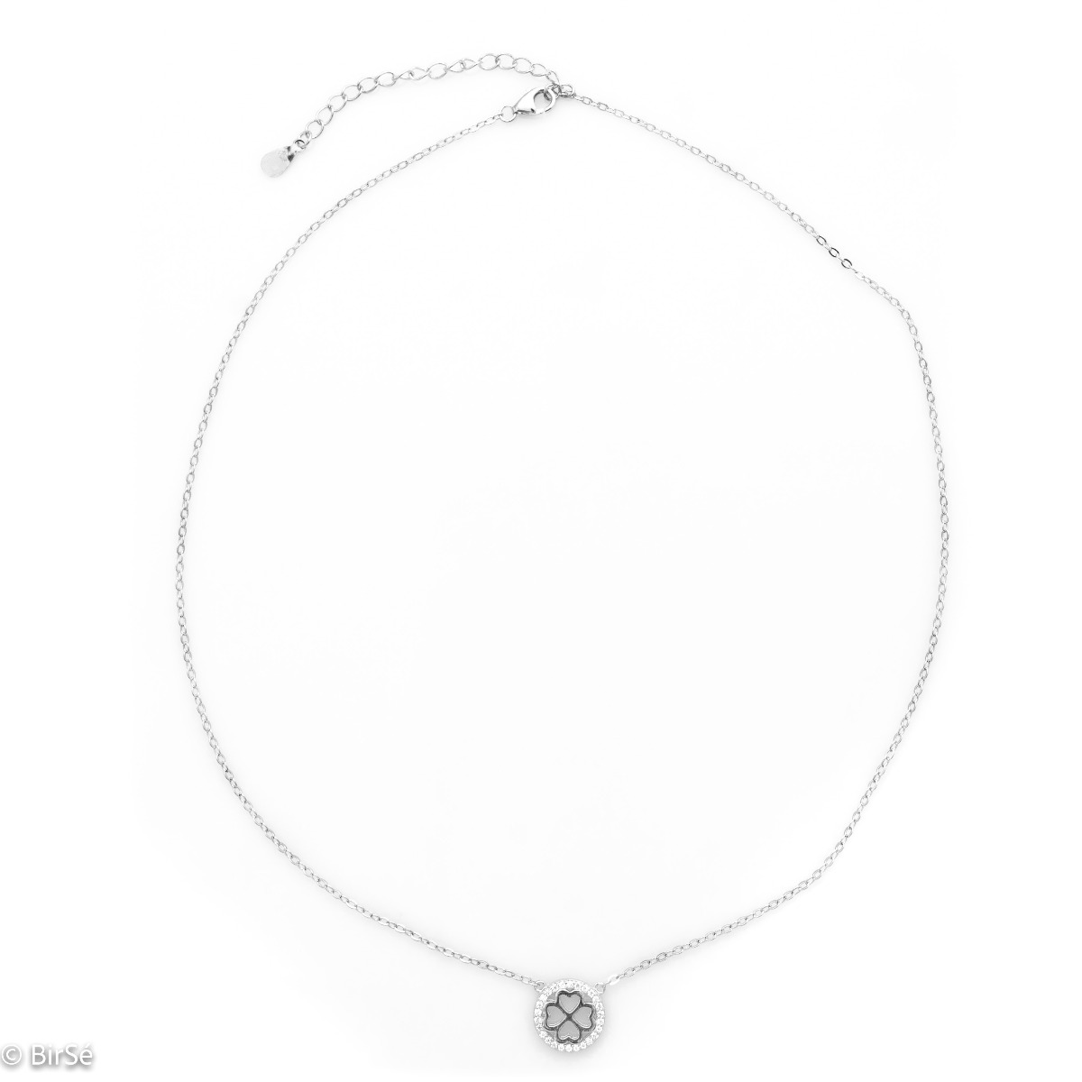 An exquisitely shaped necklace of shiny rhodium silver circle, with a beautiful four-leaf clover inside.