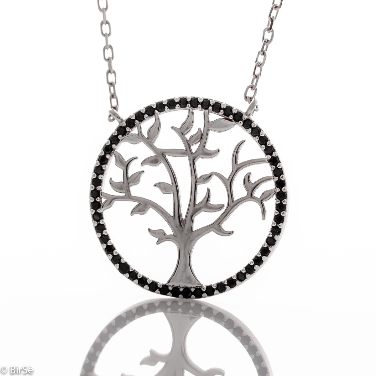 A charming women's necklace with precision craftsmanship in rhodium silver and delicate details forming the Tree of Life surrounded by sparkling onyxes