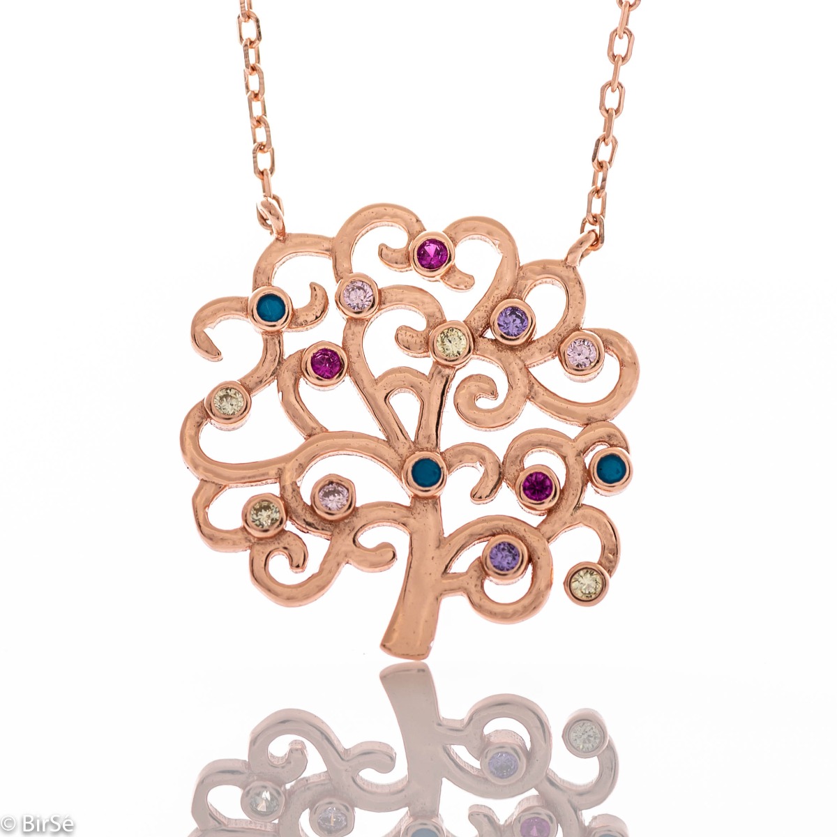 Uniquely crafted Tree of Life from soft pink silver, with beautiful ornaments and colorfully decorated with colored zircons. Smiling and carrying positive emotions necklace, with which you can please any lady.