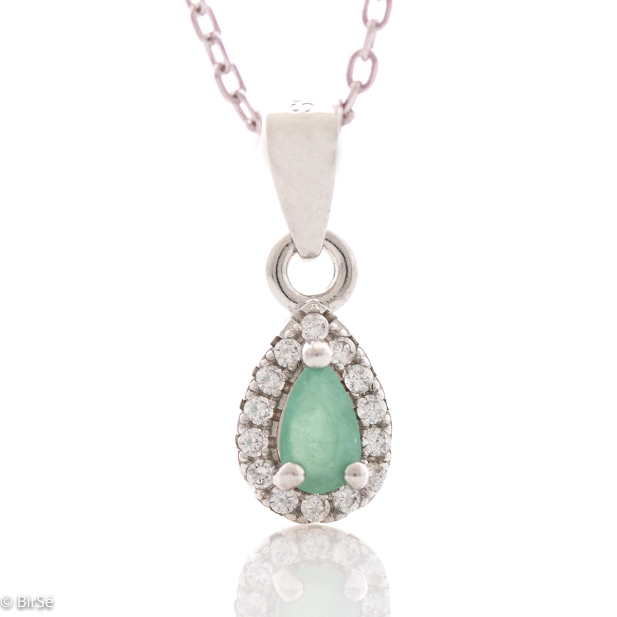 Stylish Silver Necklace with Natural Emerald and Zirconi