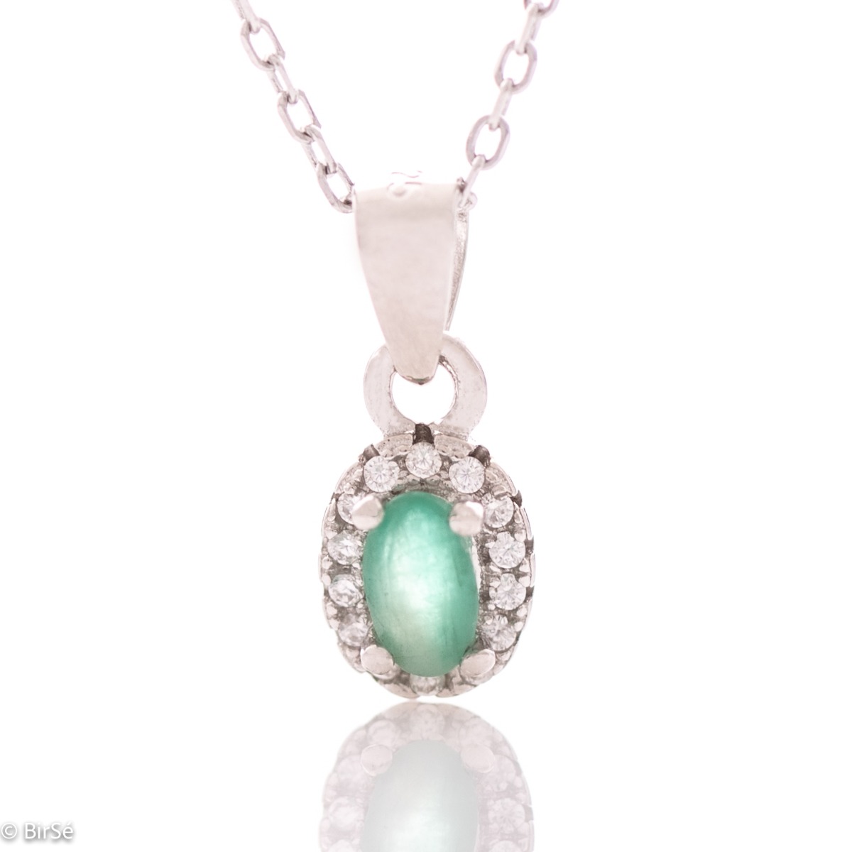 Exquisite Necklace of Rhodised Silver with Natural Emerald and Zirconi