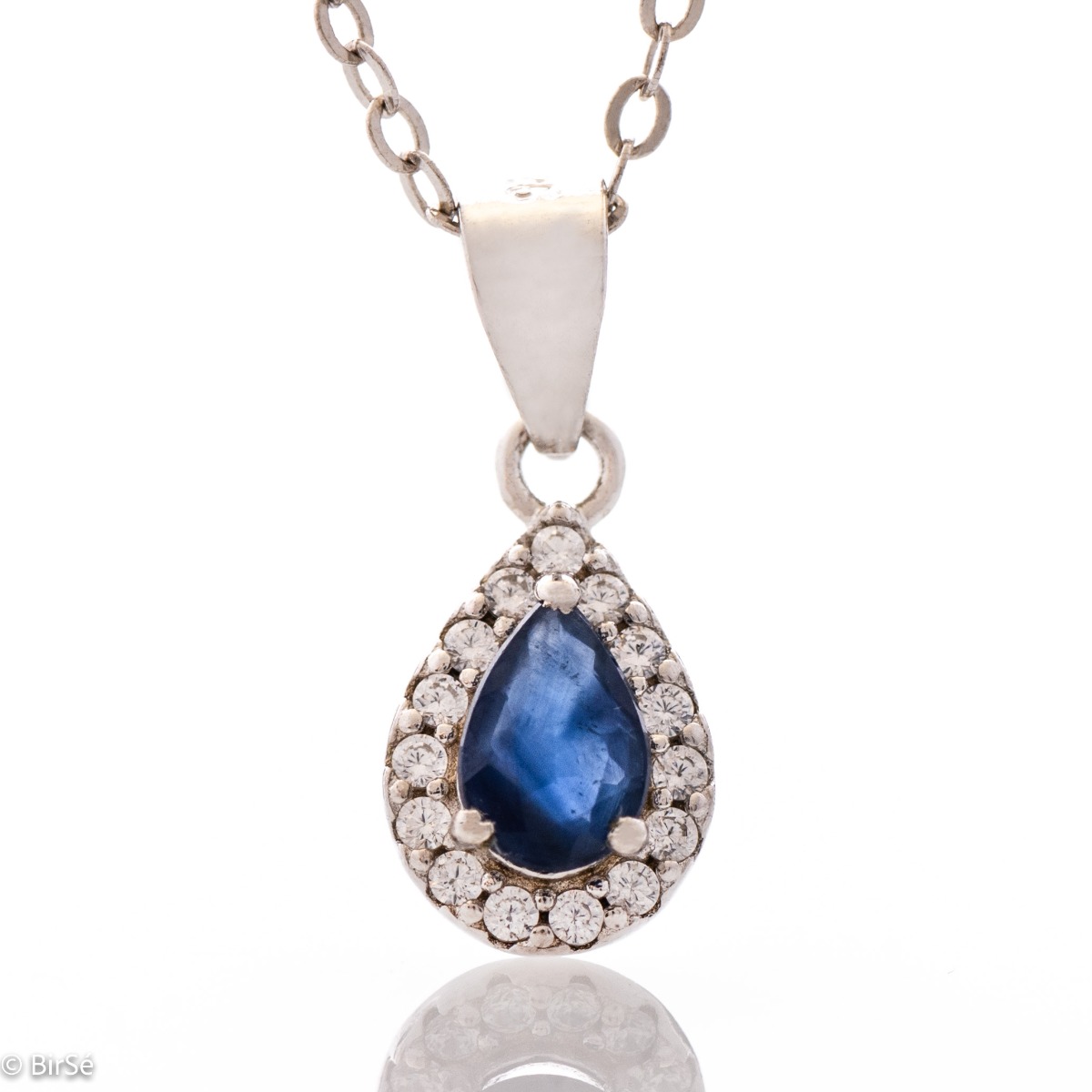 Royal Sapphire Drop in Women's Silver Necklace with Dazzling Zircons