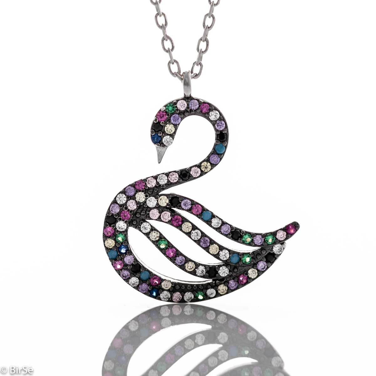 Exquisite workmanship of rhodium silver swan necklace, precisely decorated with multi-colored sparkling zircons.