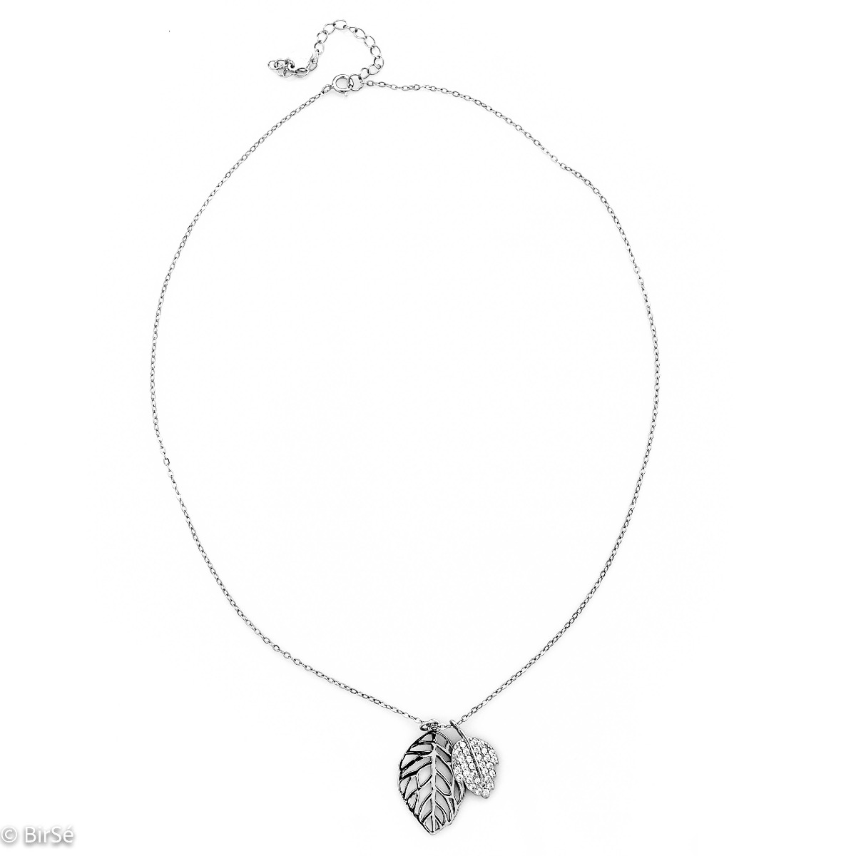 Extremely fine and delicate workmanship of a necklace of soft rhodium-plated silver in the shape of a leaf. Stylish design of the details with the addition of sparkling white zircons.