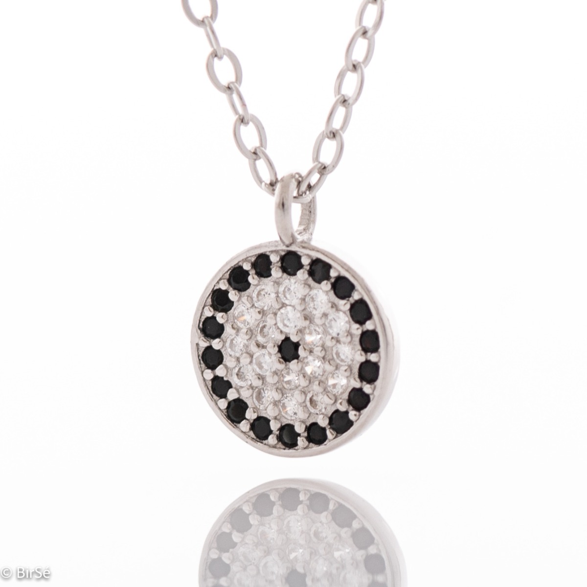 Charming gentle ladies' necklace in the style of "Blue Eye" with a beautiful combination of colored zircons. Stylish composition made entirely of rhodium-plated silver.