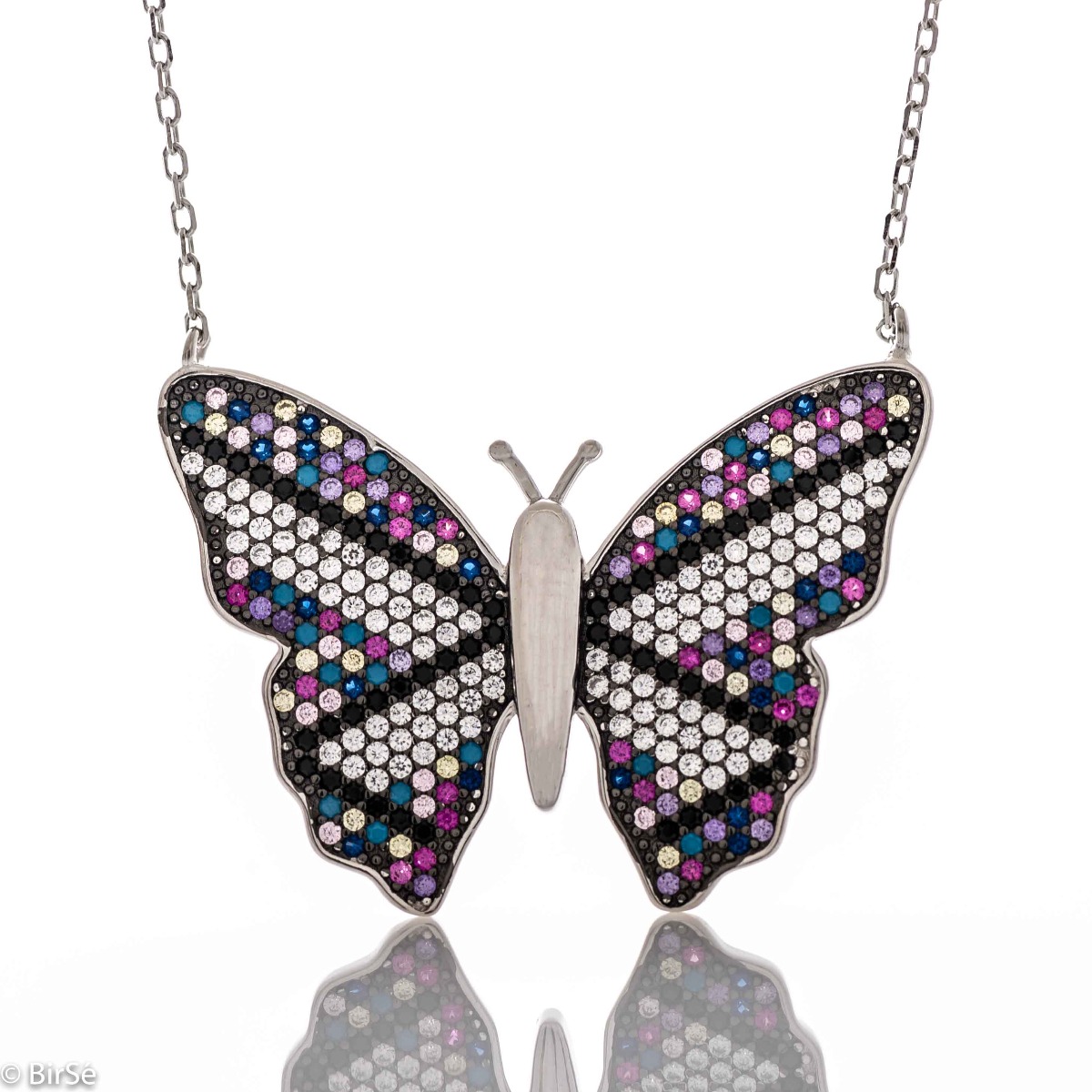 A beautiful butterfly necklace, delicately decorated with colorful zircons. Made entirely of rhodium-plated silver, with beautiful shapes and colorful highlights.