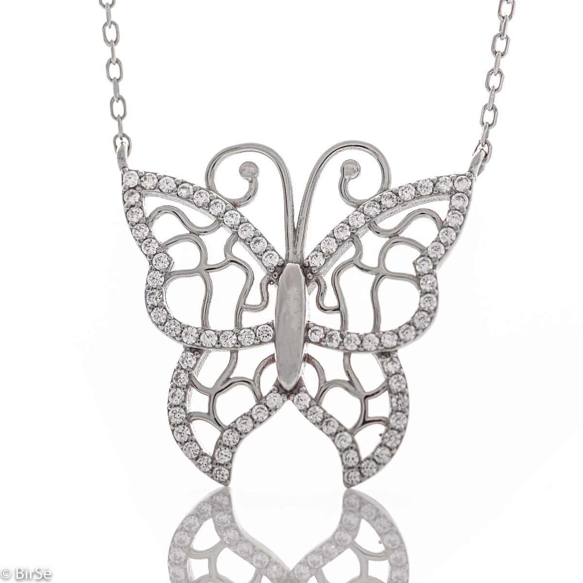 Silver necklace "White Butterfly" - Elegant women's necklace with precise craftsmanship, combining exquisite rhodium-plated silver with sparkling fine zircons.