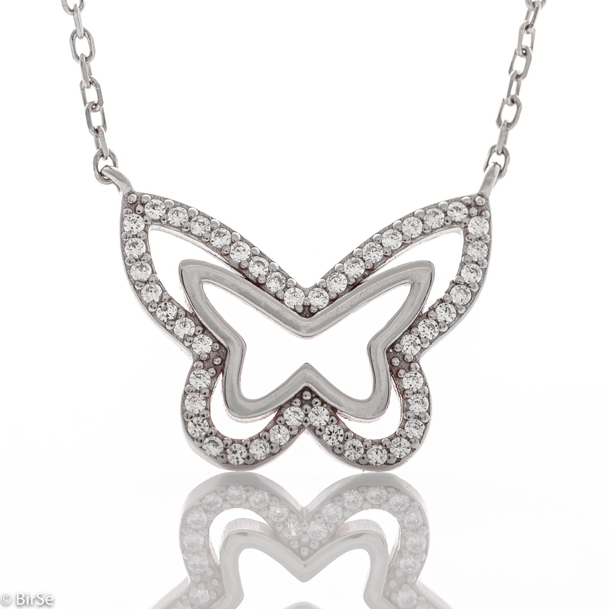 Elegant women's necklace in the shape of a delicate butterfly, with precise craftsmanship, combining exquisite rhodium-plated silver and sparkling fine zircons