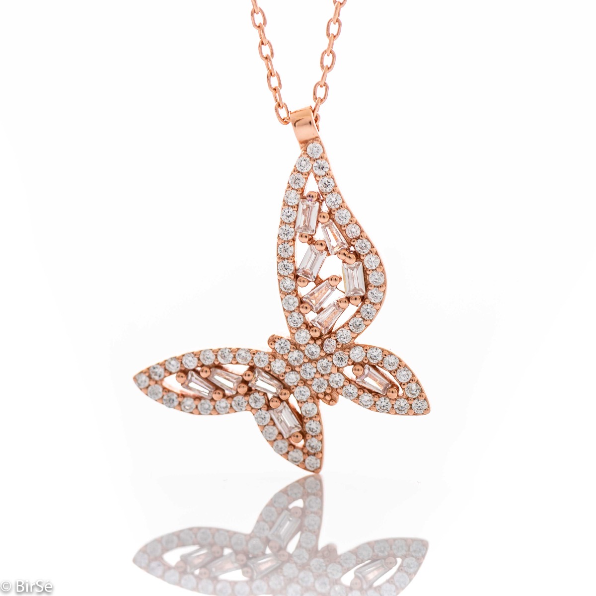 Spectacular and beautiful women's necklace made entirely of rhodium-plated rose silver with a delicate butterfly, decorated with shiny and fine zircons.