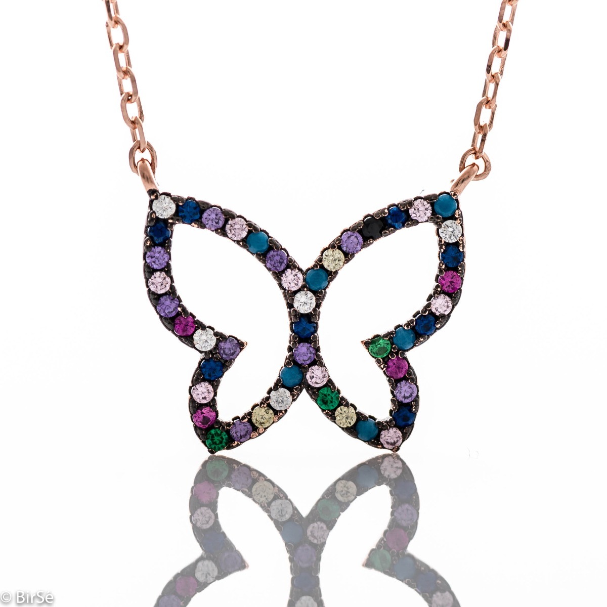 A beautiful multi-colored butterfly represents the necklace made of soft pink silver, with sparkling multi-colored zircons, which gathers all the charm of a summer day.