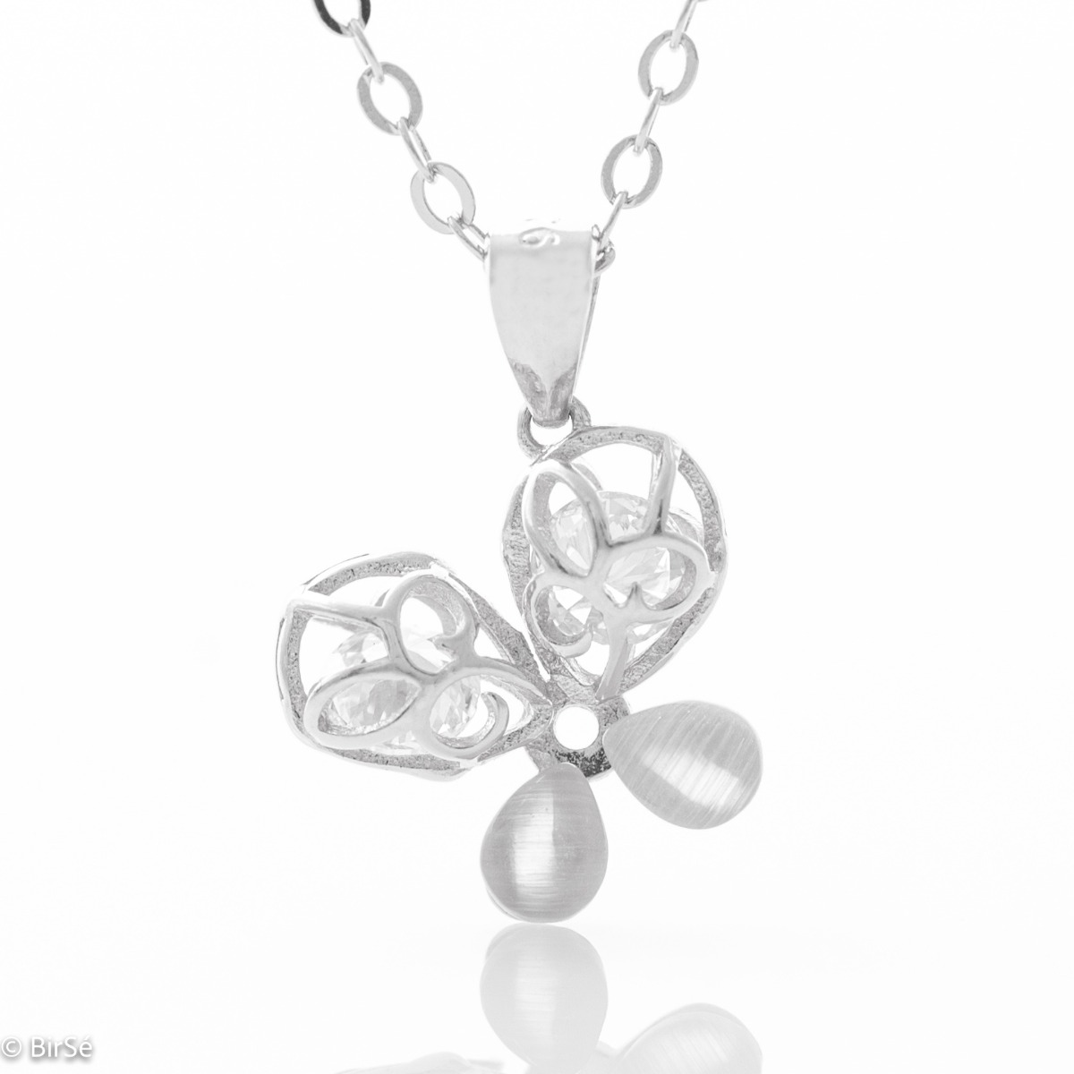 A lovely creation of a butterfly necklace, with beautiful openwork wings made of classic silver. The wings are hollow and a glistening cubic zirconia glistens inside, while the other wings are made of a delicate pink Cat's Eye stone.