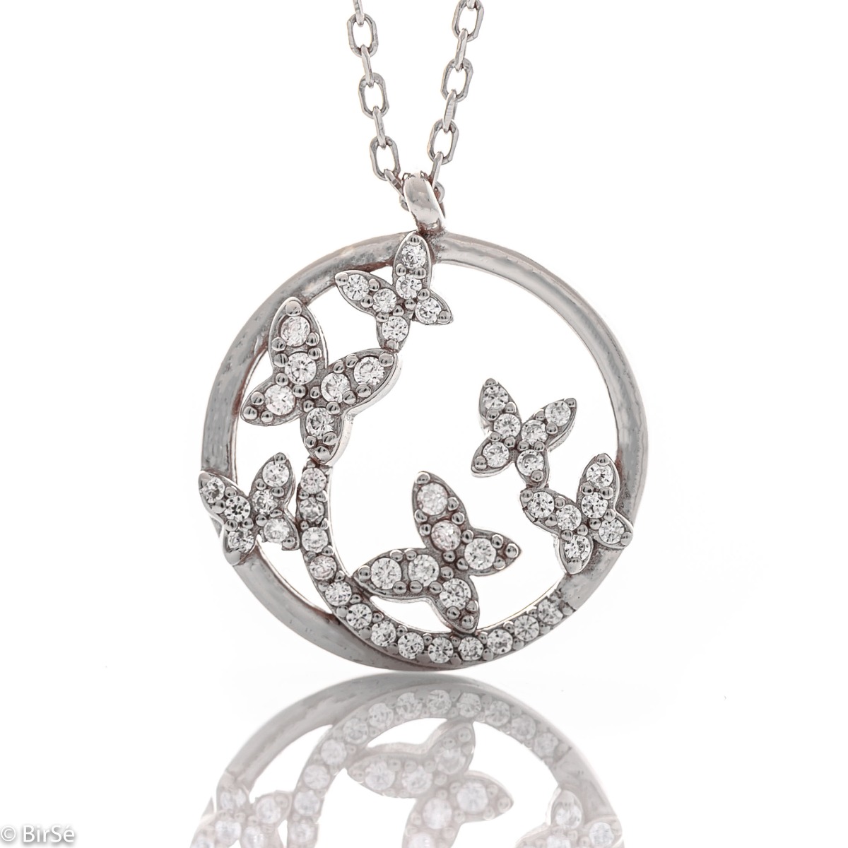 Spectacular women's necklace with precise and fine workmanship entirely of soft rhodium silver, complemented by glittering zircons and an exquisite shape of numerous small butterflies.