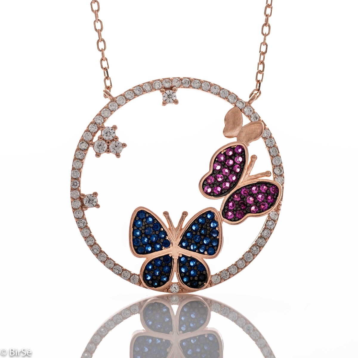 Silver necklace "Gentle charm" - a spectacular and beautiful women's necklace made entirely of rhodium-plated rose silver with delicate butterflies, complemented by glittering colored zircons.