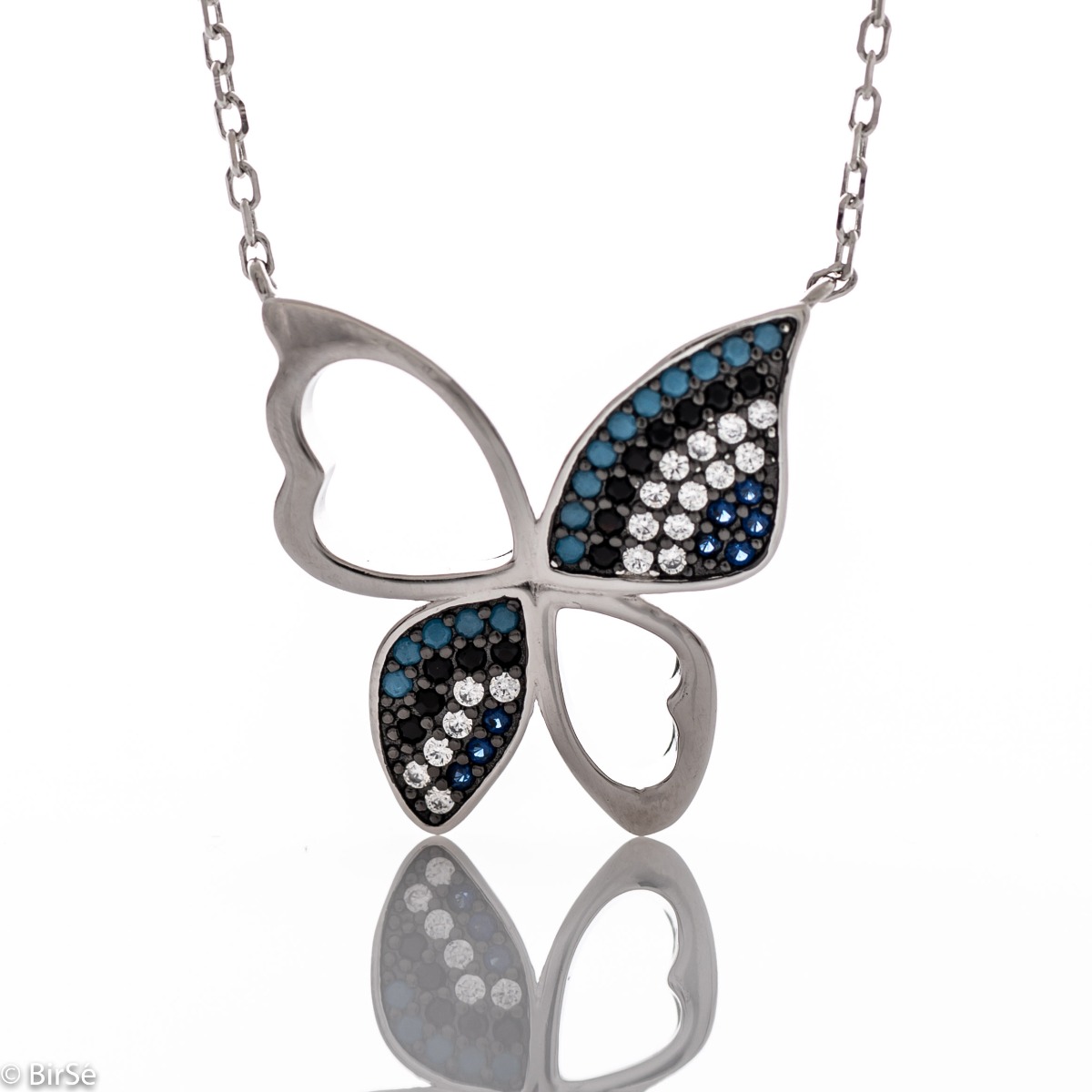 Delicate butterfly charm lies within this necklace, meticulously crafted from rhodium-plated sterling silver and countless glittering multi-colored zircons.