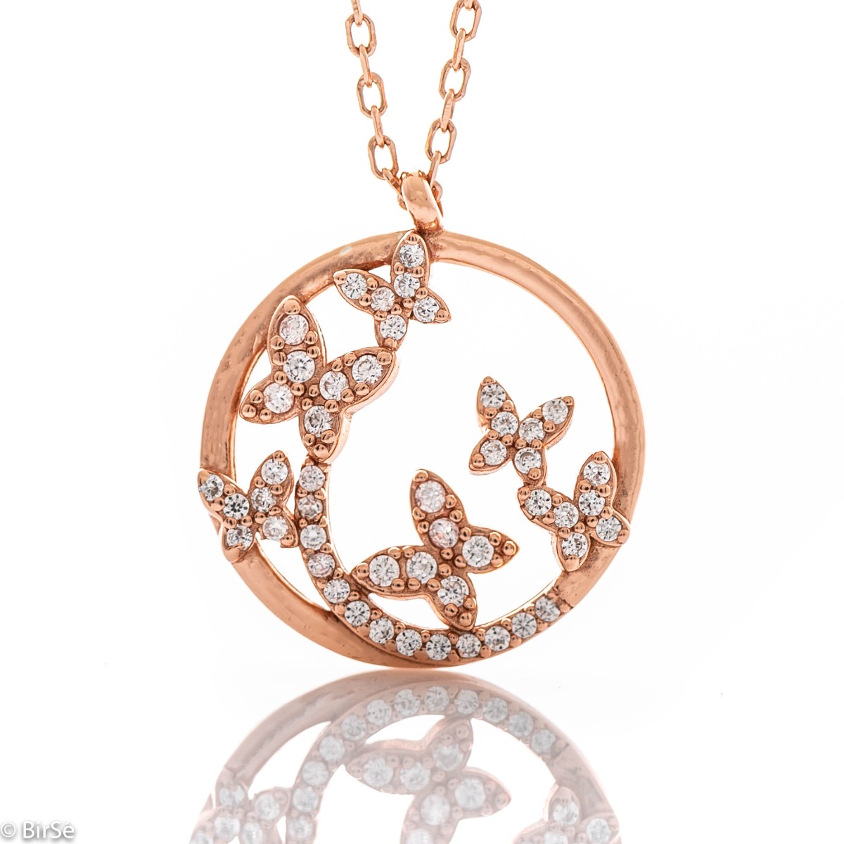 An exquisite necklace in beautiful rose silver with a swarm of adorable butterflies, fully encrusted with zircons. Spectacular and very stylish, the necklace is a suitable gift for any lady.