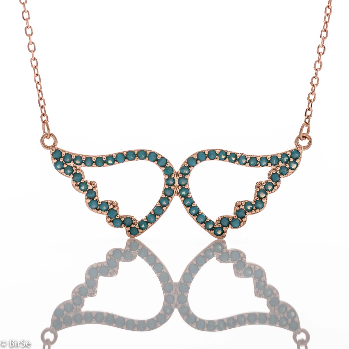 Delicate silver necklace with angel wings, spectacularly decorated with turquoise. Beautiful jewelry for blue-eyed ladies with gentle, angelic souls.