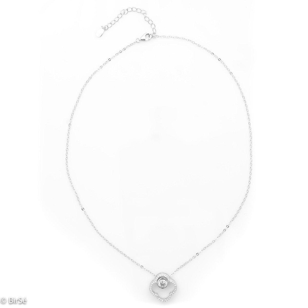 A charming sterling silver necklace with an elegantly shaped clover outline and a dainty zircon dancing in the middle and.