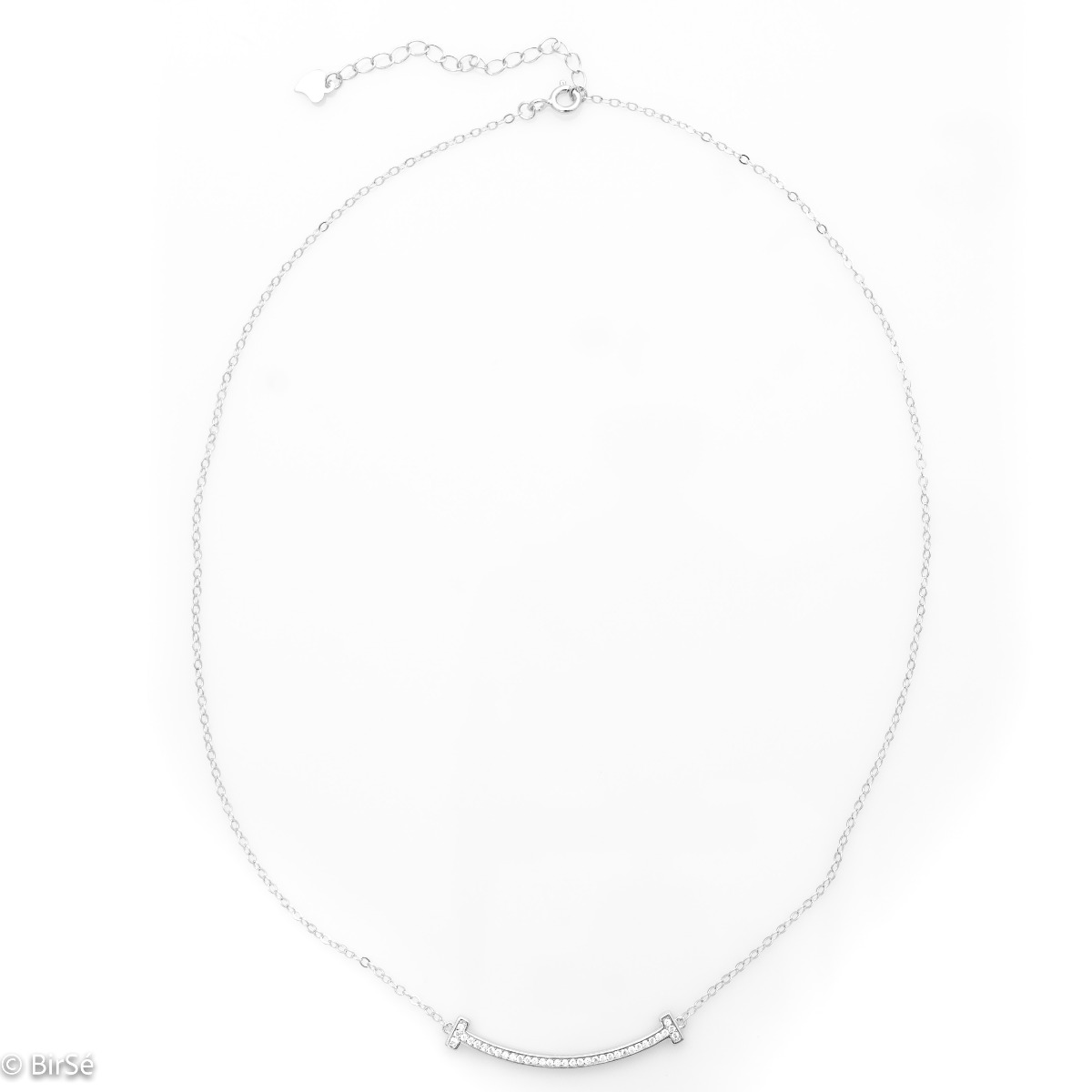 An elegant rhodium-plated silver necklace with finely worked rows of sparkling zircons.