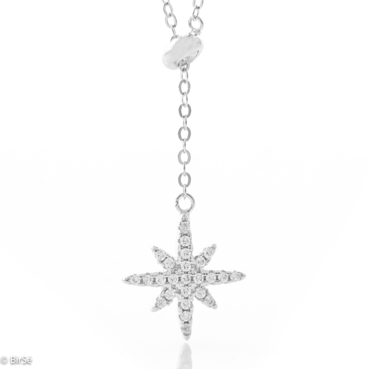 An exquisite necklace in classic soft silver with a beautiful star pendant, fully decorated with sparkling zircons.